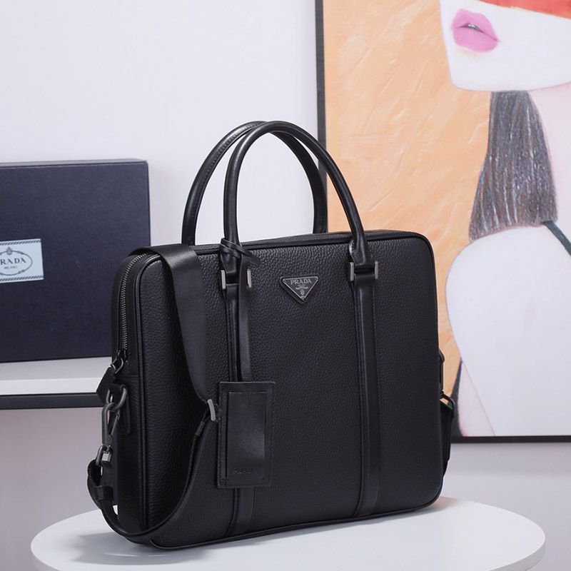 Prada 2VE368 Triangle Calfskin Briefcase In Black