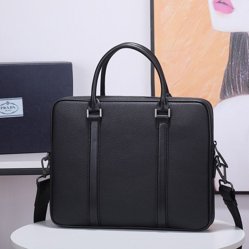 Prada 2VE368 Triangle Calfskin Briefcase In Black