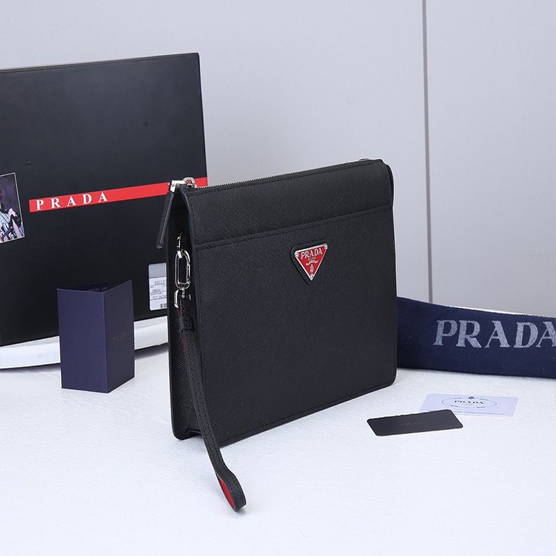 Prada 2VF032 Saffiano Leather Pouch In Black/Red