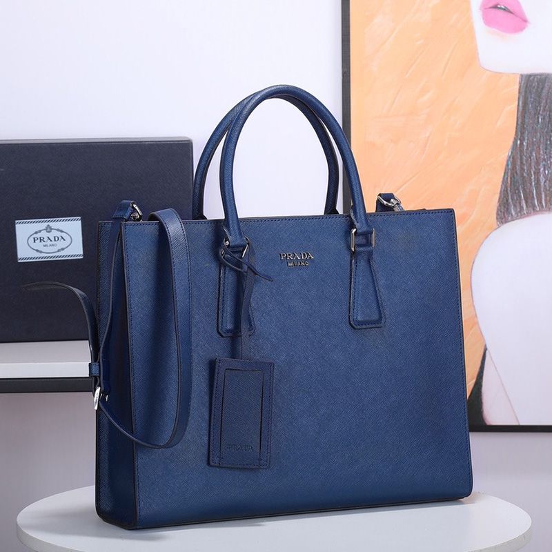 Prada 2VG011 Saffiano Leather Briefcase In Blue