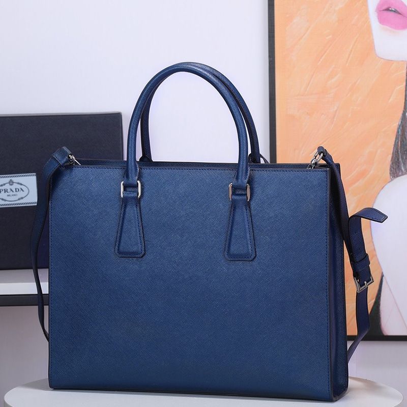 Prada 2VG011 Saffiano Leather Briefcase In Blue