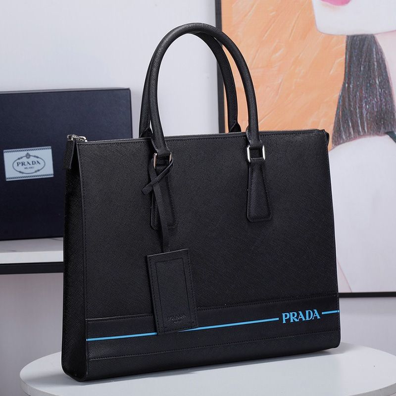 Prada 2VG030 Stripe-screened Logo Saffiano Leather Briefcase In Black