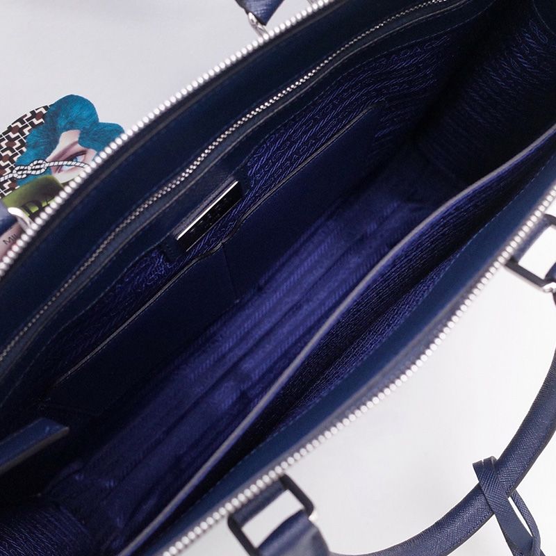 Prada 2VG039 Silk-screened Logo Saffiano Leather Briefcase In Navy Blue