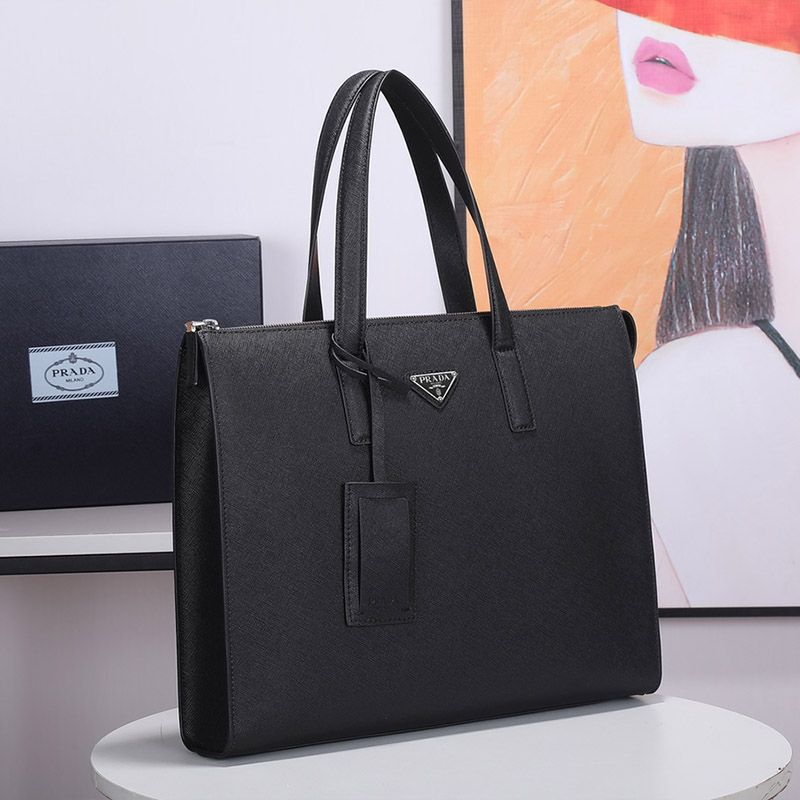 Prada 2VG039 Triangle Saffiano Leather Briefcase In Black