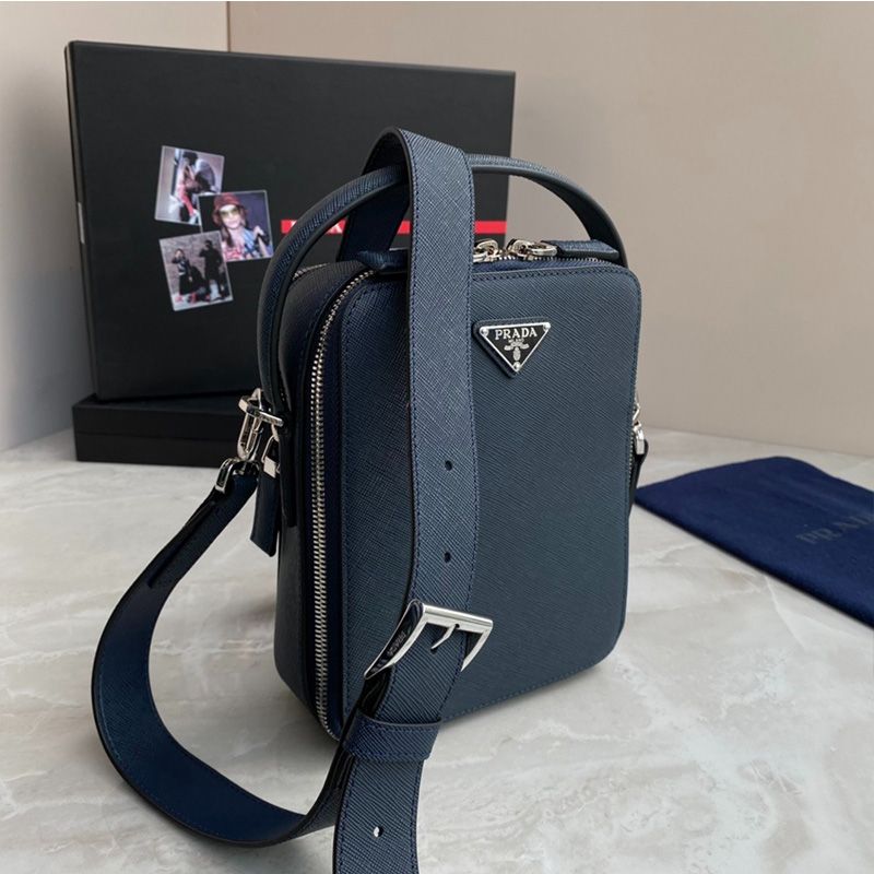 Prada 2VH067 Brique Saffiano Leather Cross-Body Bag In Blue