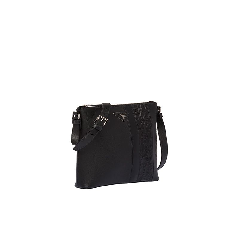 Prada 2VH089 Saffiano And Crocodile Leather Cross-Body Bag In Black