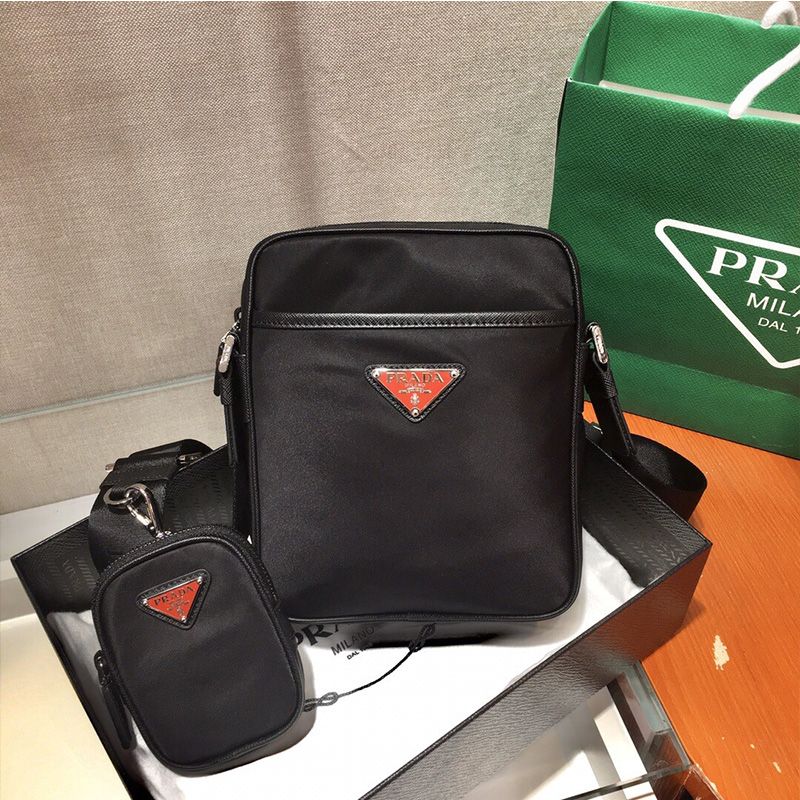 Prada 2VH112 Nylon And Saffiano Leather Shoulder Bag In Black/Red