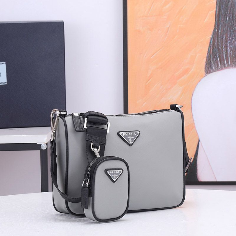 Prada 2VH113 Nylon and Saffiano Leather Shoulder Bag In Grey