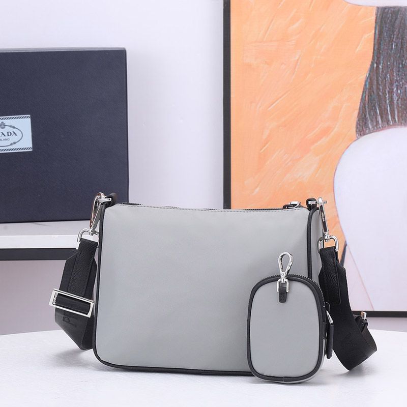 Prada 2VH113 Nylon and Saffiano Leather Shoulder Bag In Grey