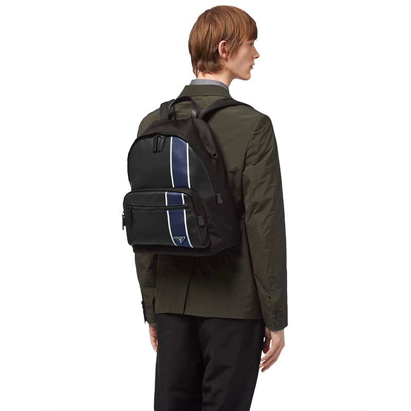 Prada 2VZ066 Stripe Nylon Backpack In Black/Blue