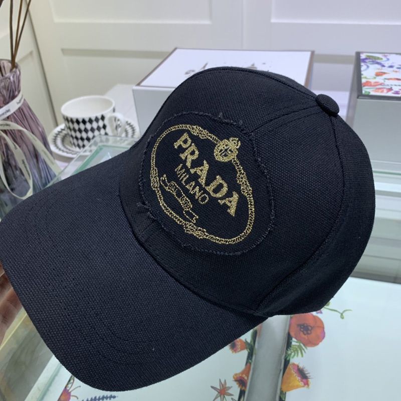 Prada Canvas Baseball Cap With Logo In Black/Gold