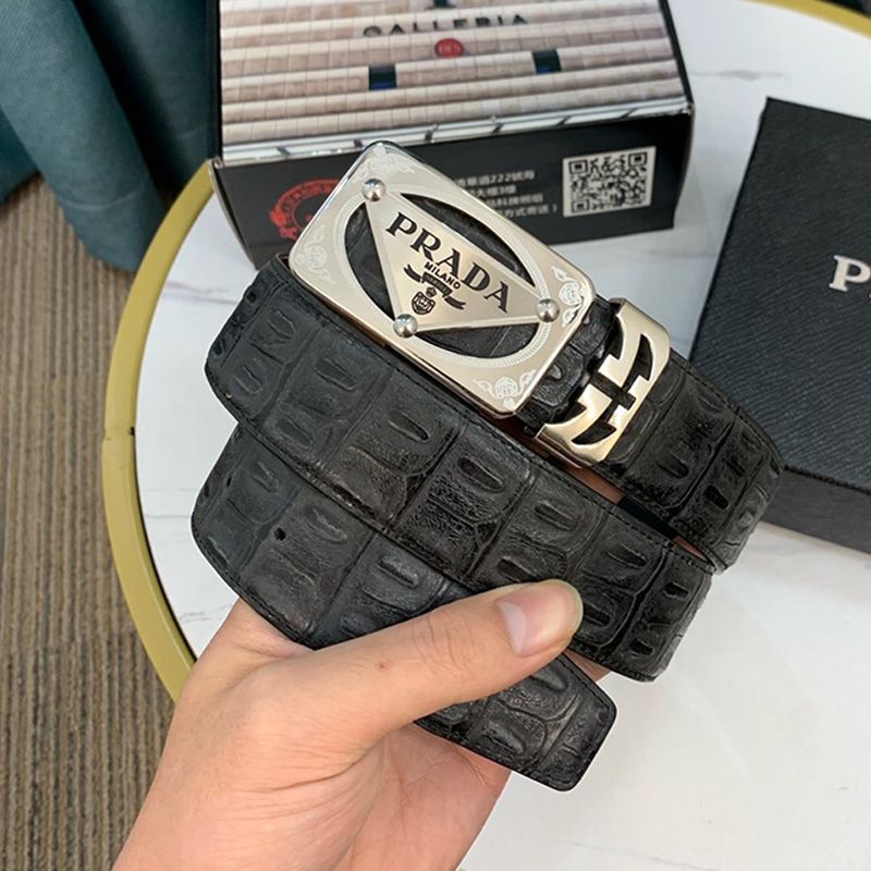 Prada Croc Embossed Leather Belt In Black/Silver