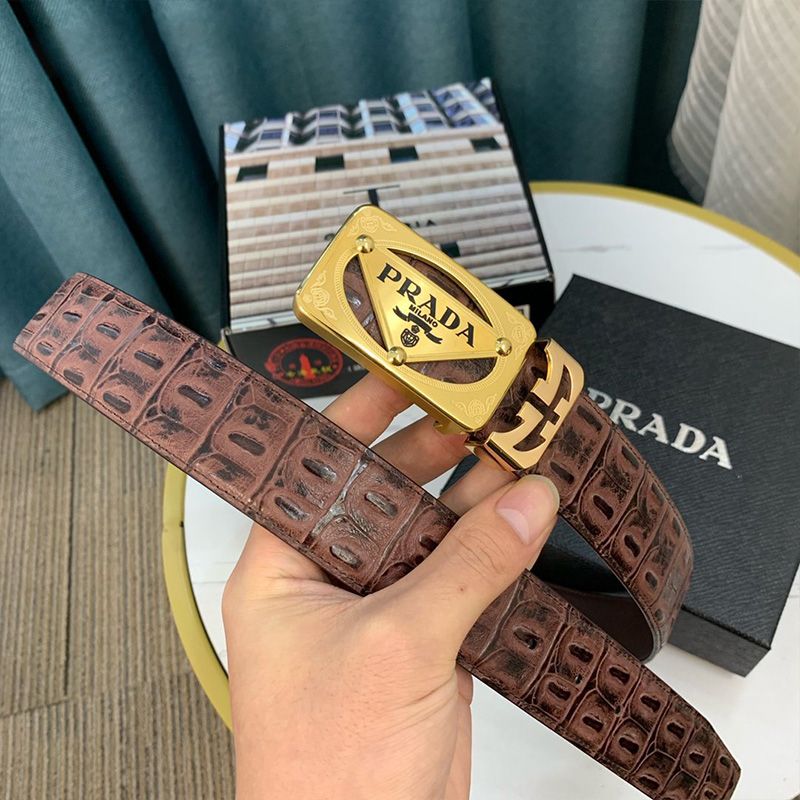 Prada Croc Embossed Leather Belt In Brown/Gold