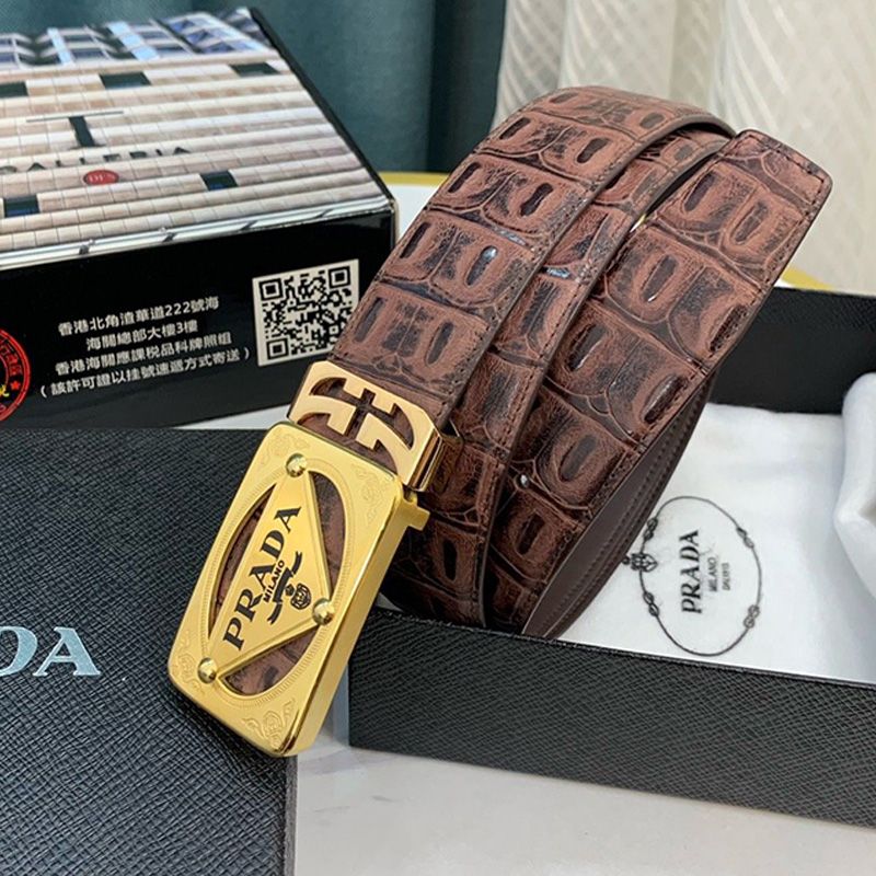 Prada Croc Embossed Leather Belt In Brown/Gold