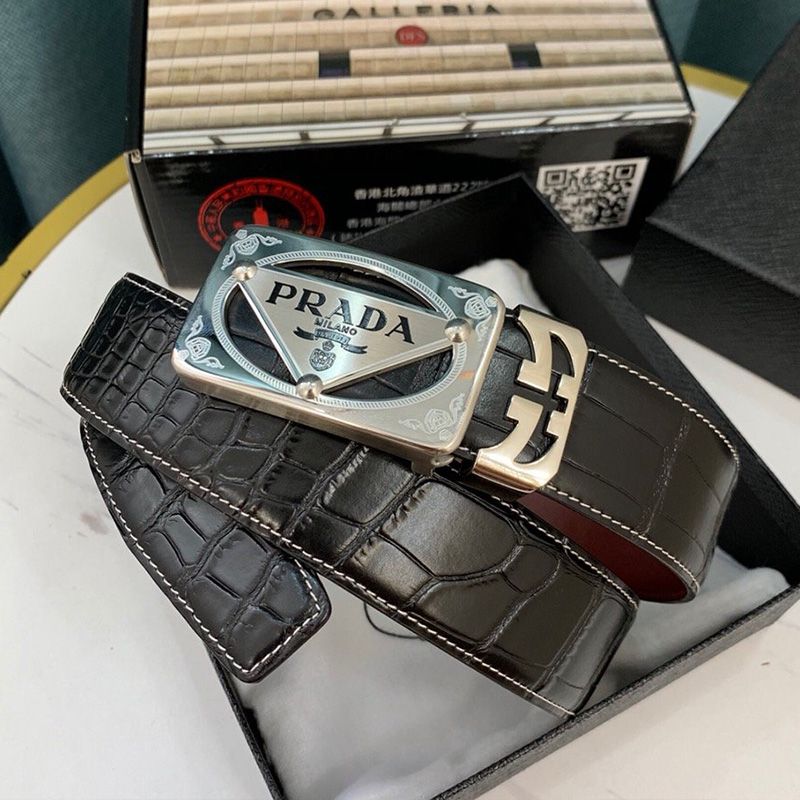 Prada Croc Embossed Leather Reversible Belt In Black/Silver