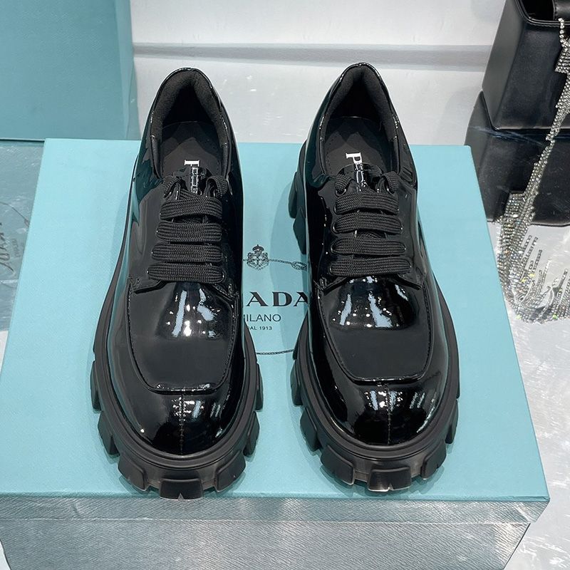 Prada Monolith Patent Leather Lace-up Shoes Women In Black