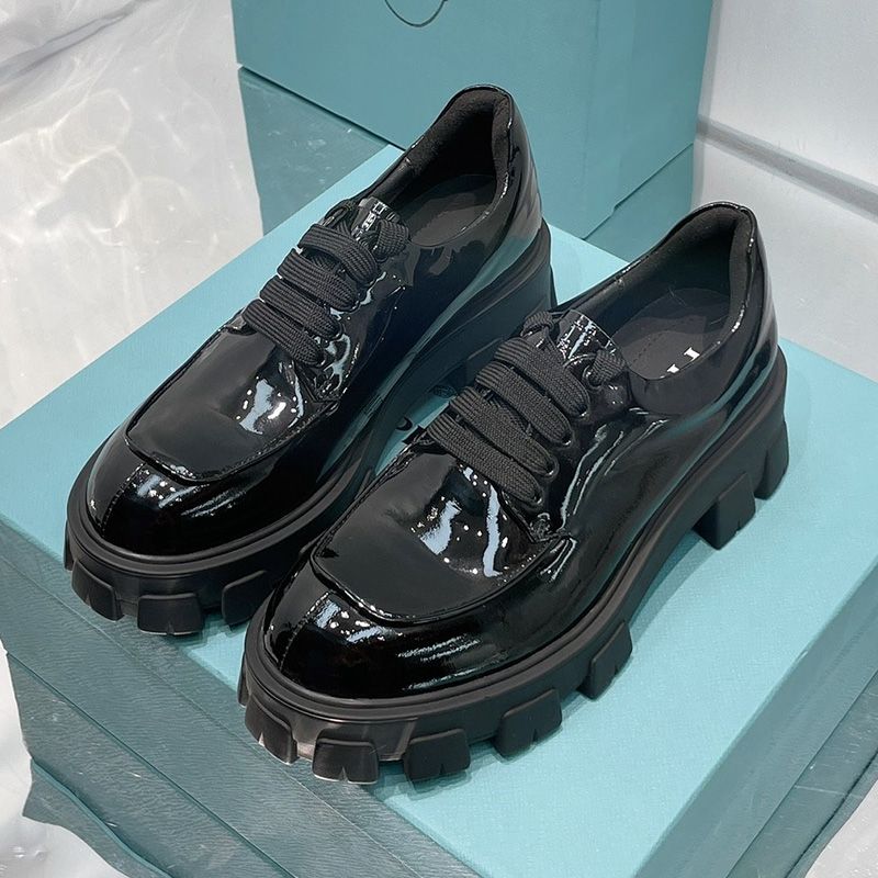 Prada Monolith Patent Leather Lace-up Shoes Women In Black