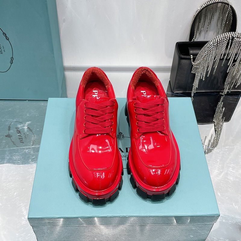 Prada Monolith Patent Leather Lace-up Shoes Women In Red