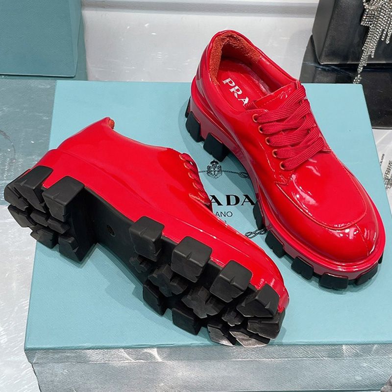 Prada Monolith Patent Leather Lace-up Shoes Women In Red