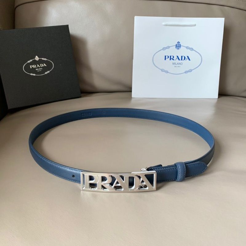 Prada Ladies Saffiano Leather Belt In Blue/Silver