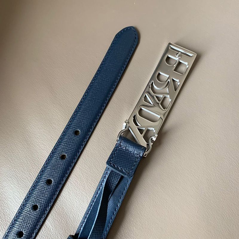 Prada Ladies Saffiano Leather Belt In Blue/Silver