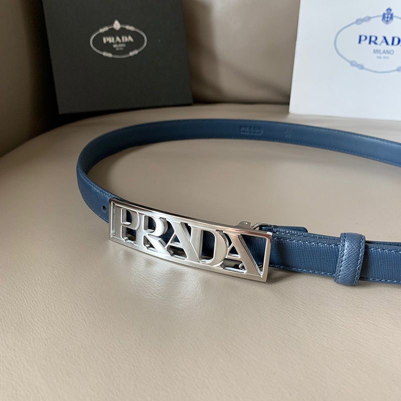 Prada Ladies Saffiano Leather Belt In Blue/Silver