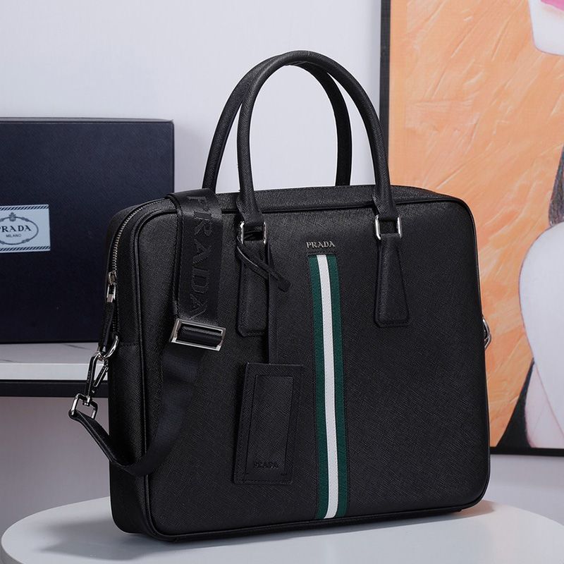 Prada VS363R Ribbon Saffiano Leather Briefcase In Black/Green