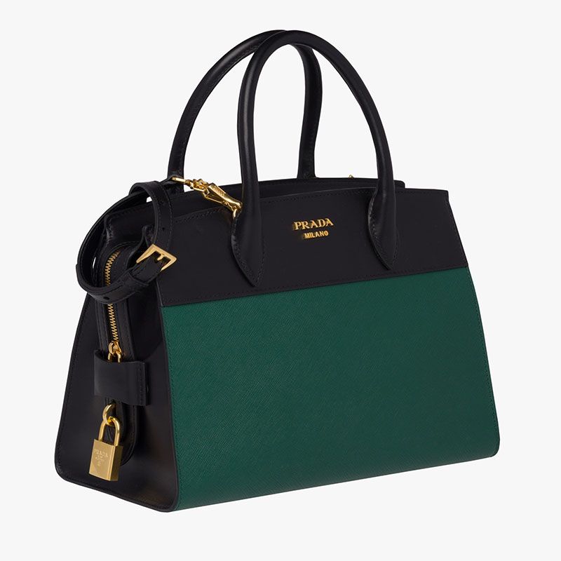 Prada 1BA046 Saffiano Leather Esplanade Bag In Green/Black