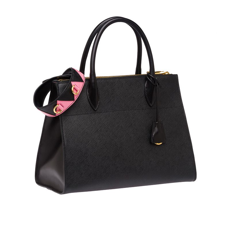 Prada 1BA102 Saffiano Leather Paradigme Bag In Black/Pink