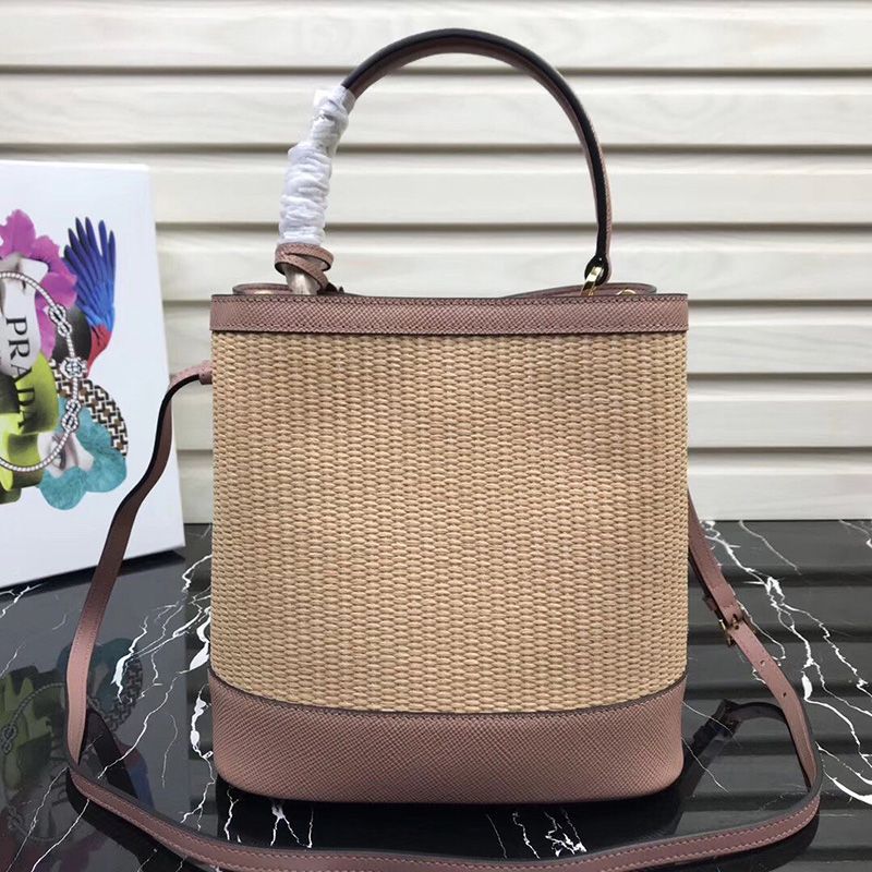 Prada 1BA212 Straw Panier Bag In Pink