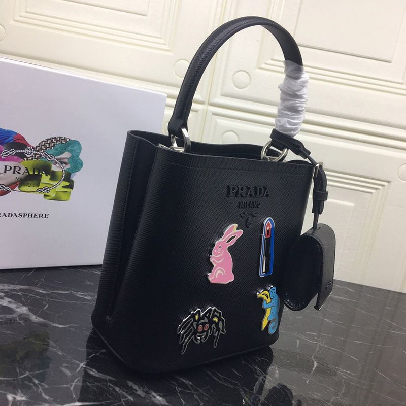 Prada 1BA217 Enameled Saffiano Leather Panier Bag In Black