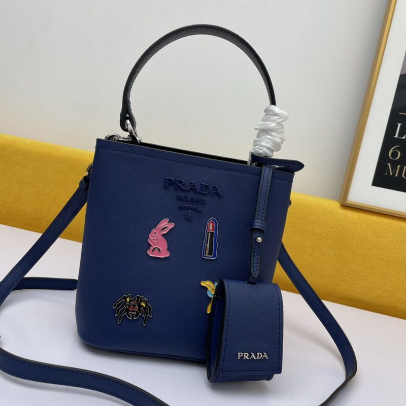 Prada 1BA217 Enameled Saffiano Leather Panier Bag In Blue