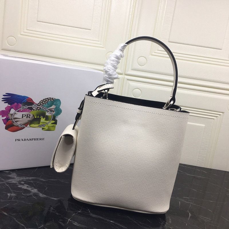 Prada 1BA217 Enameled Saffiano Leather Panier Bag In White