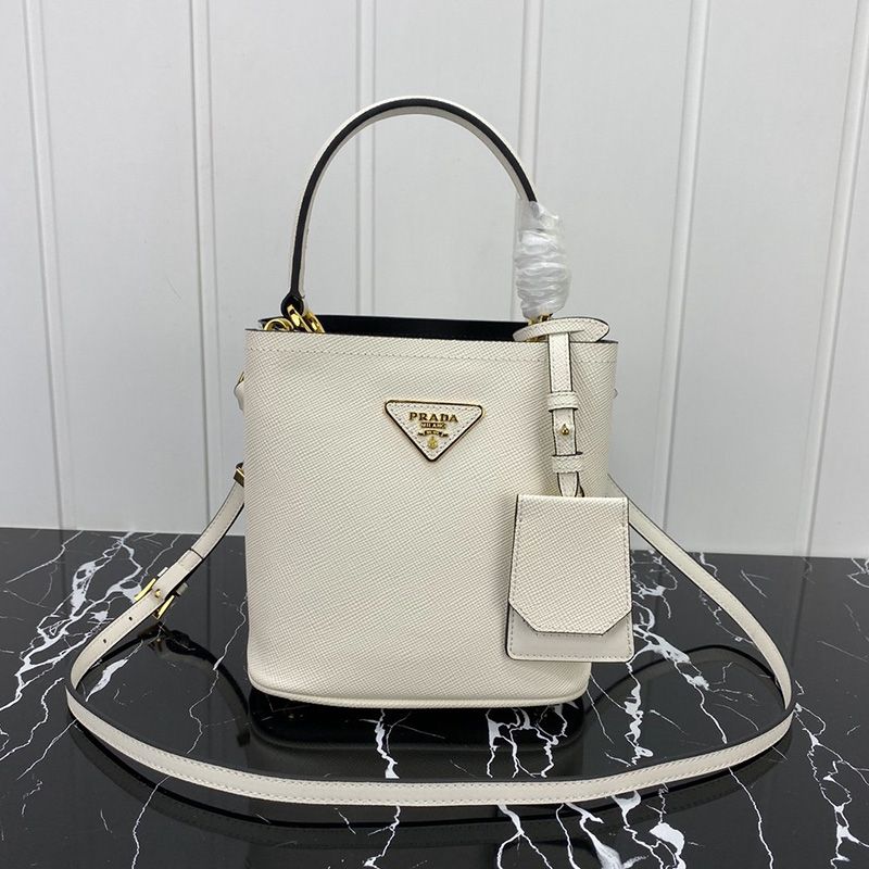 Prada 1BA217 Saffiano Leather Panier Bag In White