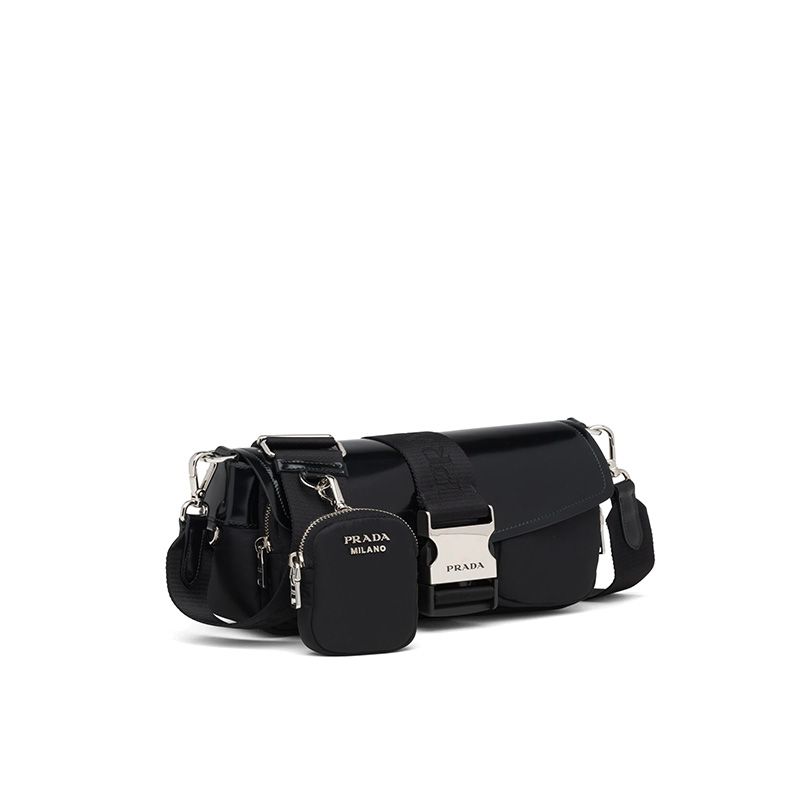 Prada 1BD295 Nylon And Brushed Leather Pocket Bag In Black