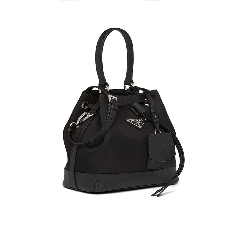 Prada 1BE055 Nylon And Saffiano Leather Bucket Bag In Black