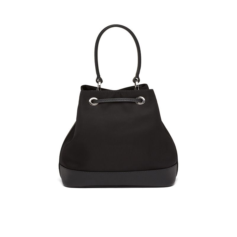 Prada 1BE055 Nylon And Saffiano Leather Bucket Bag In Black