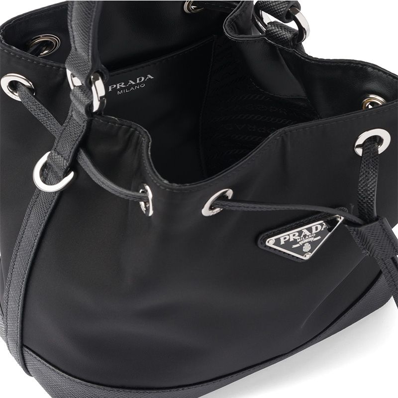 Prada 1BE055 Nylon And Saffiano Leather Bucket Bag In Black