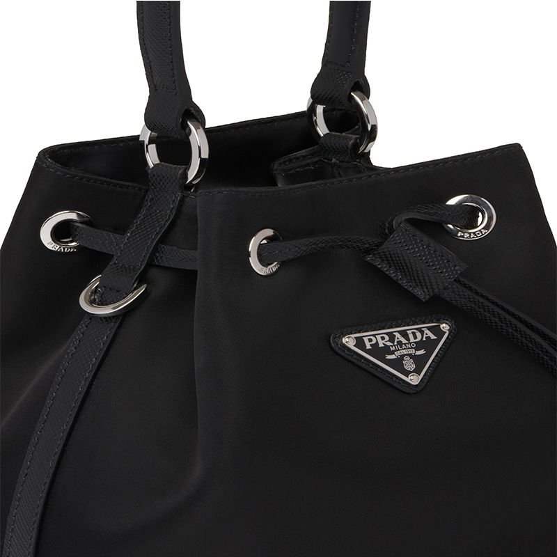 Prada 1BE055 Nylon And Saffiano Leather Bucket Bag In Black