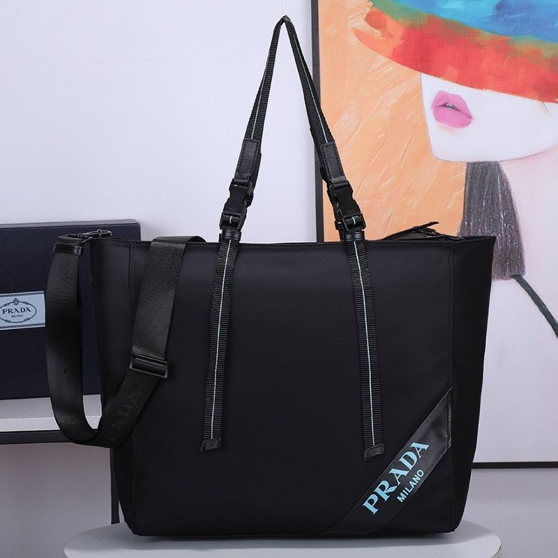 Prada 1BG062 Nylon And Saffiano Leather Tote In Black/Blue