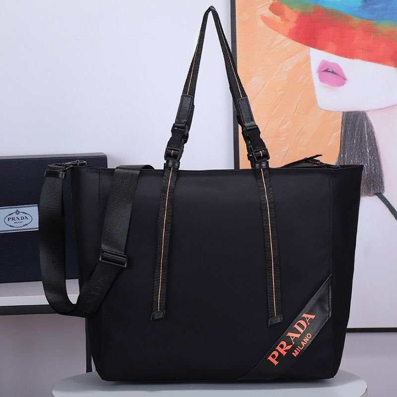 Prada 1BG062 Nylon And Saffiano Leather Tote In Black/Orange