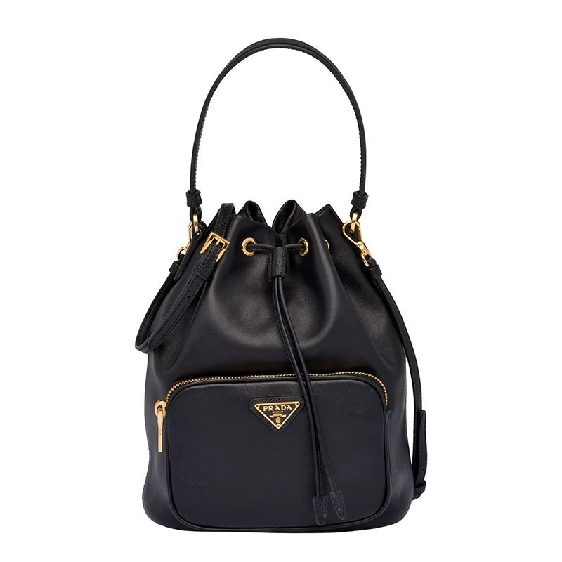 Prada 1BH038 Calf Leather Bucket Bag In Black