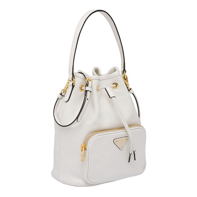 Prada 1BH038 Calf Leather Bucket Bag In White