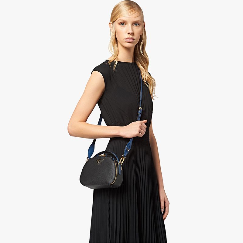 Prada 1BH123 Saffiano and Crocodile Leather Odette Bag In Black/Blue