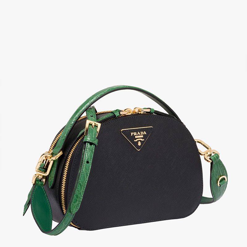 Prada 1BH123 Saffiano and Crocodile Leather Odette Bag In Black/Green