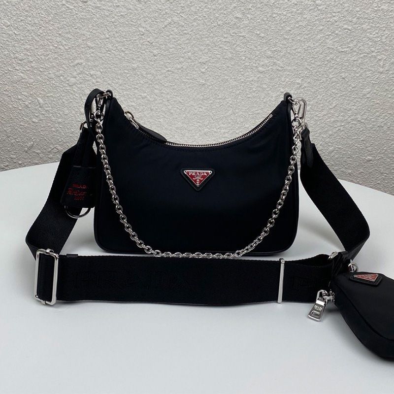 Prada 1BH204 Nylon Hobo Bag In Black/Red