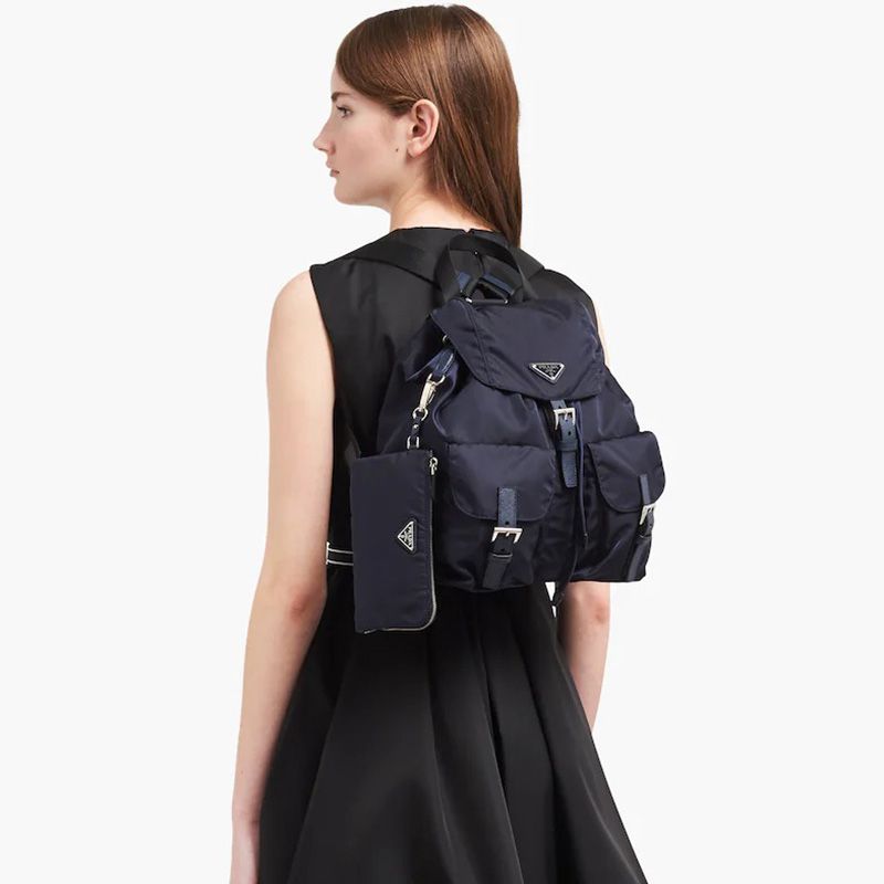 Prada 1BZ811 Medium Nylon Backpack In Navy Blue