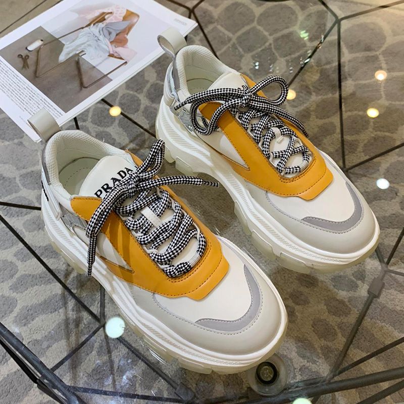 Prada 1E586L Women Block Sneakers In White/Yellow