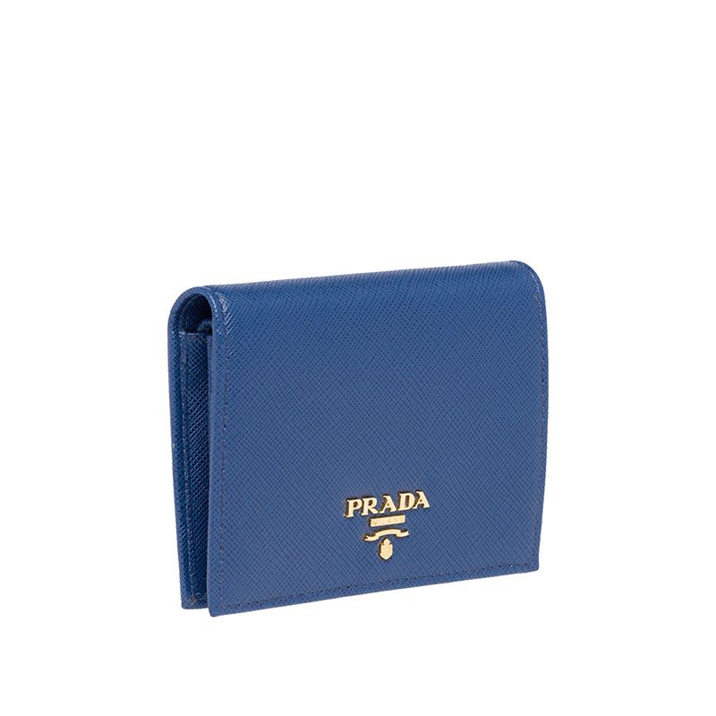 Prada 1MV204 Lettering Saffiano Leather Bifold Wallet In Blue