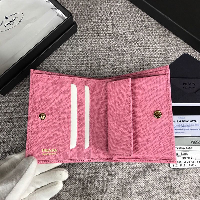 Prada 1MV204 Lettering Saffiano Leather Bifold Wallet In Pink